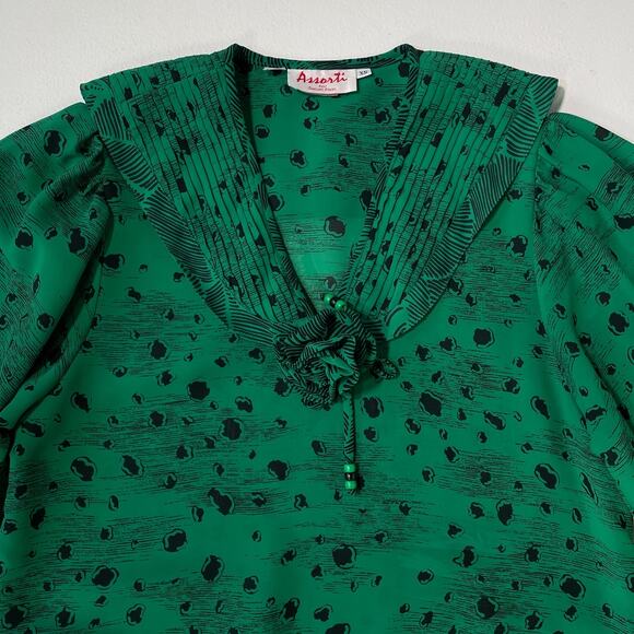 Vintage 80's SUSAN FREIS Green Puff Sleeve Patterned Top / Sz XS / Georgette - Picture 3 of 8